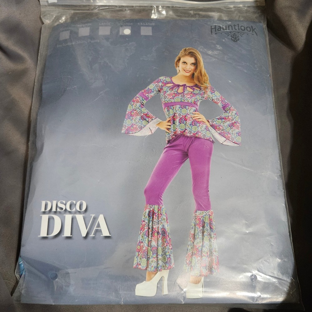 Disco Diva 70s Halloween Costume Set Purple Paisley Bell Bottoms Sz XL Hauntlook